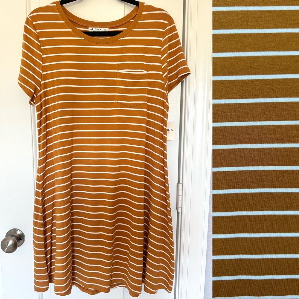 Arizona Jean Shirt Dress Deep Bronze Stripe Short Sleeve‎ Summer School NWT